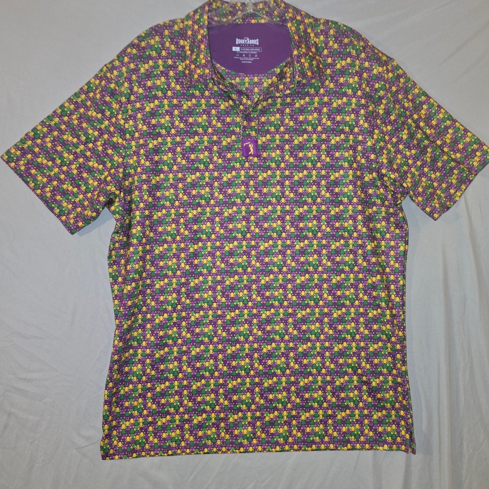 Bogey Bros Golf Polo Large Mens Green Purple Gold Mardi Gras Fat Tuesday Print